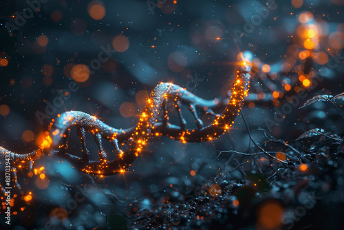 A detailed illustration of a DNA strand, highlighting genetic information. Concept of science and biology. Generative Ai.