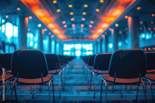 An empty conference hall with rows of chairs illuminated by colorful lights. The stage is out of focus, suggesting an upcoming event.