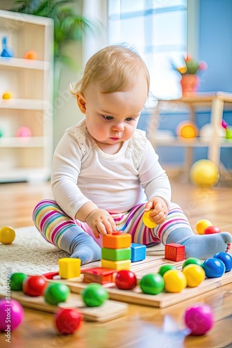 Baby playing with colorful toy blocks. Little baby building tower of block toys. Educational and creative toys and games for young children. Baby in white bedroom with rainbow bricks. Child at home.