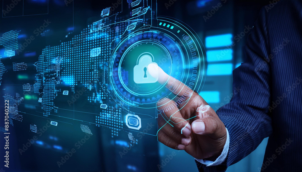 Man hand using cybersecurity interface, hologram effect Man hand using cybersecurity interface, hologram effect