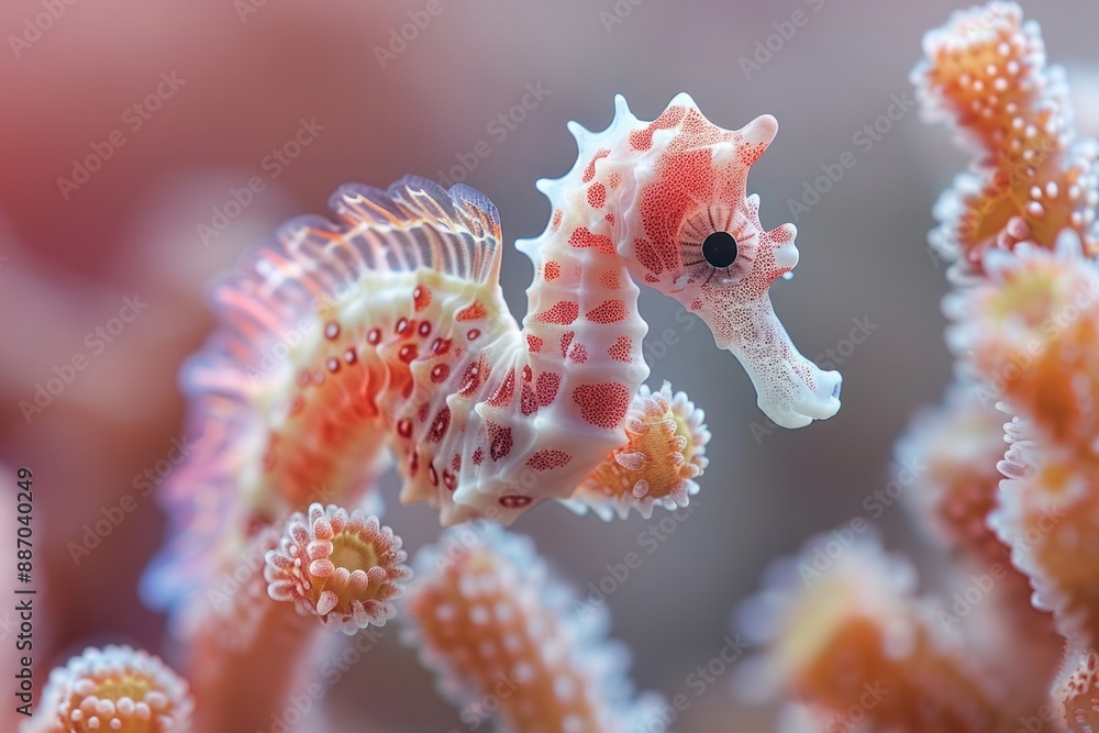 Naklejka premium A Tiny Pygmy Seahorse Holding Onto Coral in the Tropical Ocean