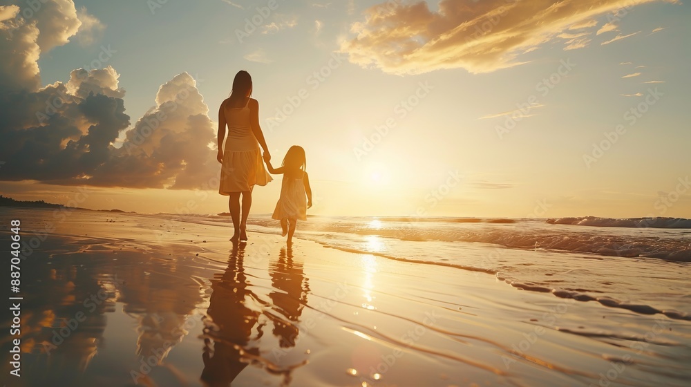 Fototapeta premium An entrancing image of a mother and child walking along the beach, with the setting sun creating a stunning reflection on the water, highlighting their peaceful moment together.