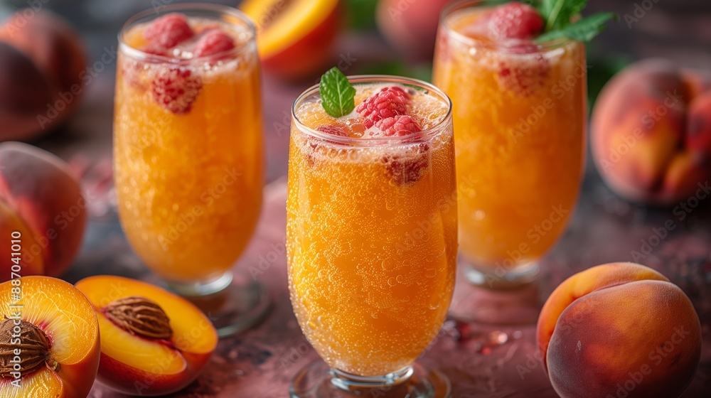 Close-up of three glasses filled with a refreshing peach and raspberry cocktail, garnished with fresh mint and raspberries. Close-up of three glasses filled with a refreshing peach and raspberry cocktail, garnished with fresh mint and raspberries.