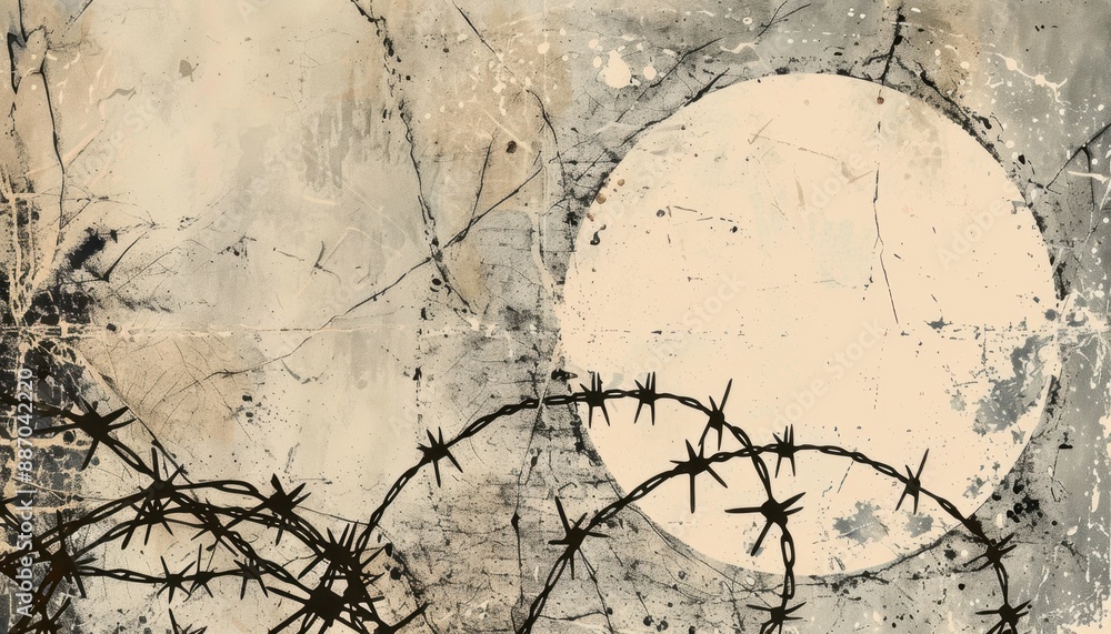 Abstract Art Featuring Barbed Wire and a Circular Shape on a Cracked ...
