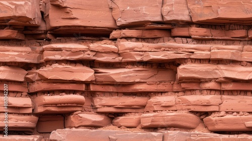 A close-up shot of a wall made of red sandstone blocks. The blocks are stacked horizontally and have a rough, textured surface SEAMLESS PATTERN photo