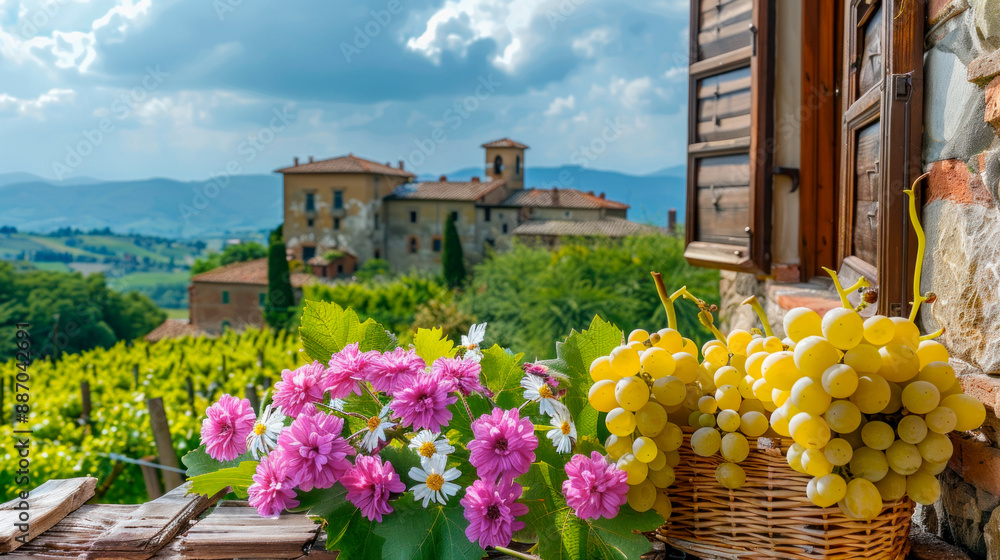 Fototapeta premium Still life with grapes and flowers, rich harvest, land of Tuscany