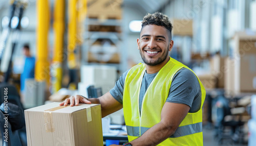 Man in yellow vest in warehouse with cardboard box surrounded by wood beams and supplies