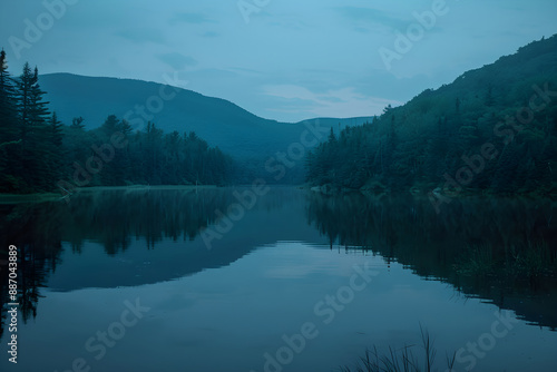 Twilight Reflections: Echoes of Serenity in a Tranquil Mountain Lake at Dusk