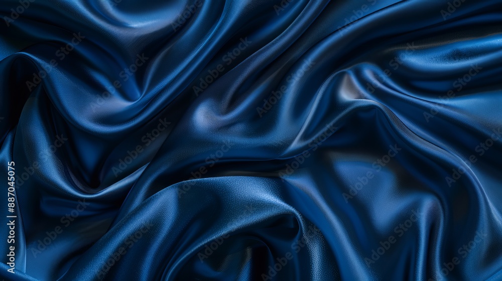 Obraz premium Dark blue silk satin background with soft folds on shiny fabric Luxury background with space for text or design Web banner format