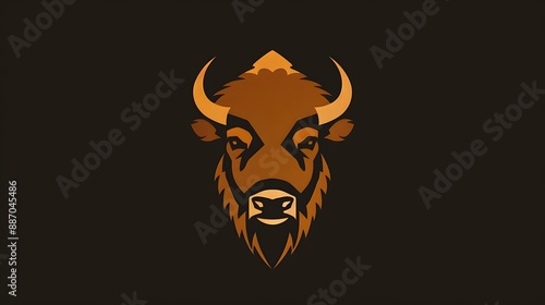 Minimalistic and elegant linear icon of a bison's face in bold brown, using clean lines for a modern design, photographed in high definition. © ILOVEART