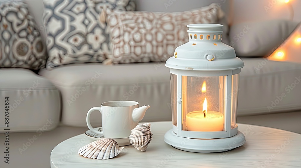 A white ceramic teapot sits on a white saucer next to a tray with a white lantern holding two candles and seashells. The tray is on a white surface A white ceramic teapot sits on a white saucer next to a tray with a white lantern holding two candles and seashells. The tray is on a white surface