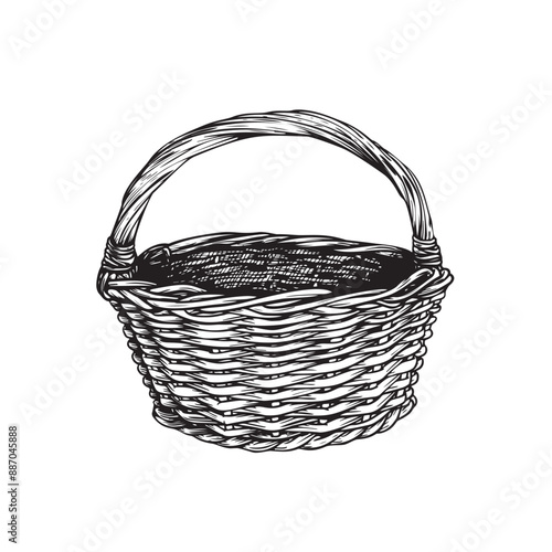 Empty wicker basket with handle. Sketch hand drawn style. Picnic and harvest symbol. Vector illustration isolated on white.