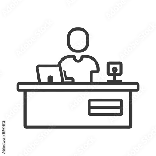 Minimalist Line Art Illustration: Receptionist at Desk with Laptop and Card Reader