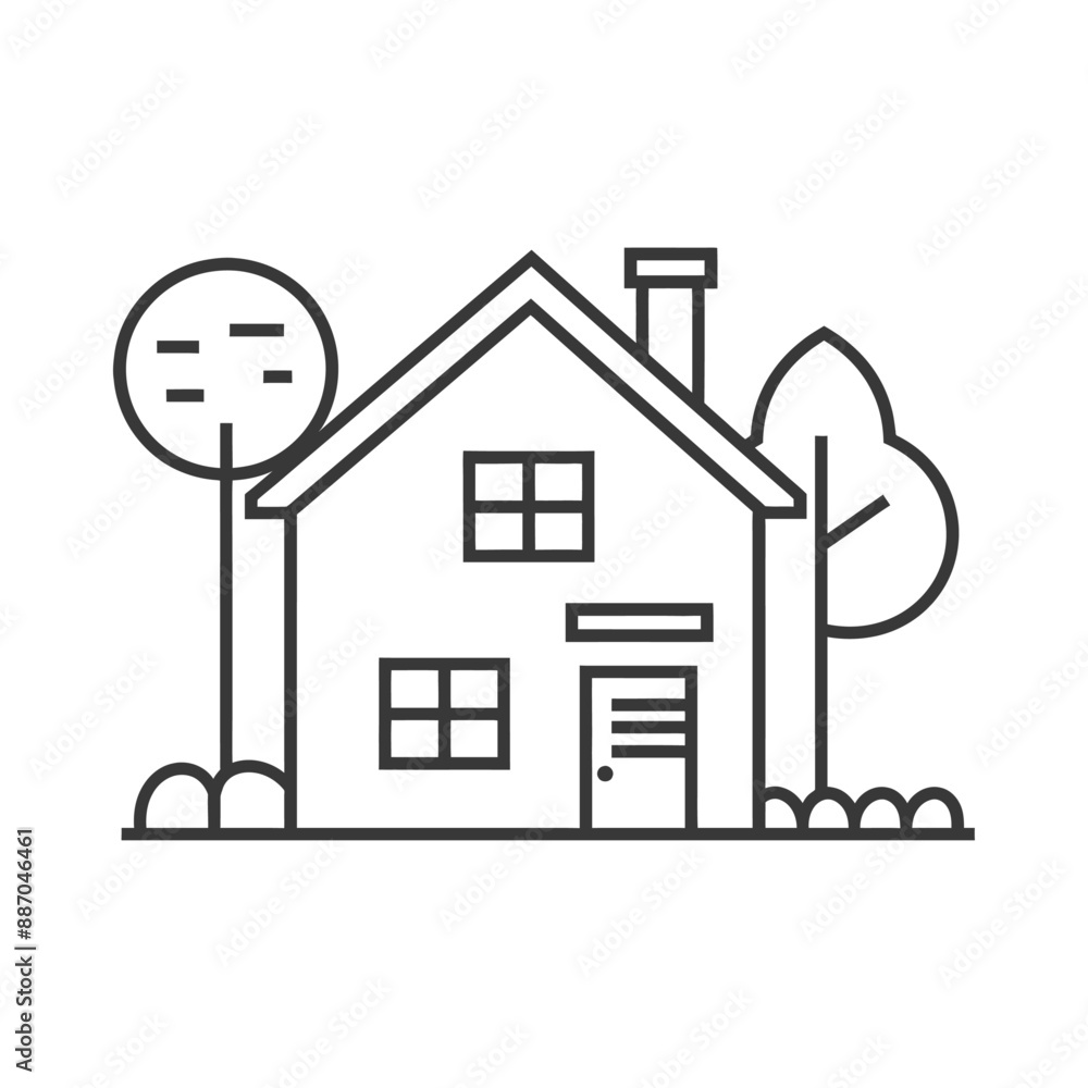 Minimalist Line Art Suburban House with Simple Trees and Landscaping Minimalist Line Art Suburban House with Simple Trees and Landscaping