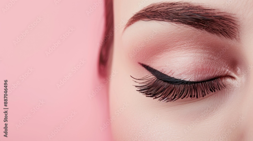 Fototapeta premium Minimal beauty representation with pink background fake lashes and mascara