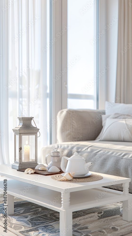 A white ceramic teapot sits on a white saucer next to a tray with a white lantern holding two candles and seashells. The tray is on a white surface A white ceramic teapot sits on a white saucer next to a tray with a white lantern holding two candles and seashells. The tray is on a white surface