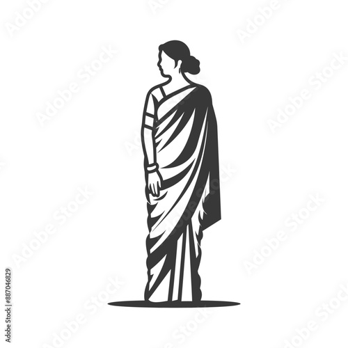Monochrome Illustration: Woman in Traditional Indian Sari, Back View