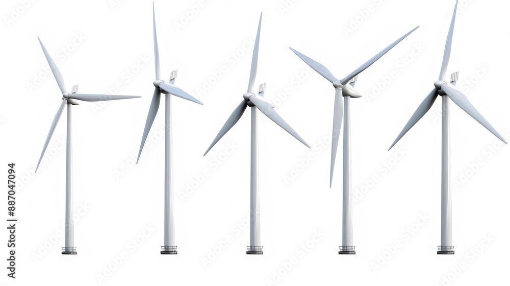 A group of wind turbines against a clean white background, ideal for use in presentations and designs requiring a minimalist backdrop A group of wind turbines against a clean white background, ideal for use in presentations and designs requiring a minimalist backdrop
