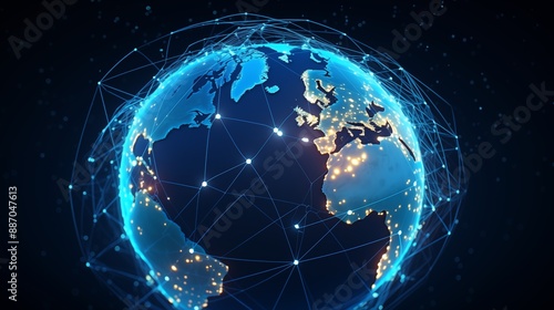Connection lines around the Earth's surface, future technology backdrop with circles and lines. Internet, social media, travel, or logistical concepts.