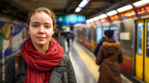 Young woman in a red scarf standing in a busy subway station with blurred background and arriving train