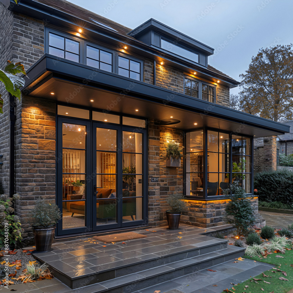 Glazed veranda with a flat roof on the external facade of an existing semi-detached house with glazing in a loft style Glazed veranda with a flat roof on the external facade of an existing semi-detached house with glazing in a loft style