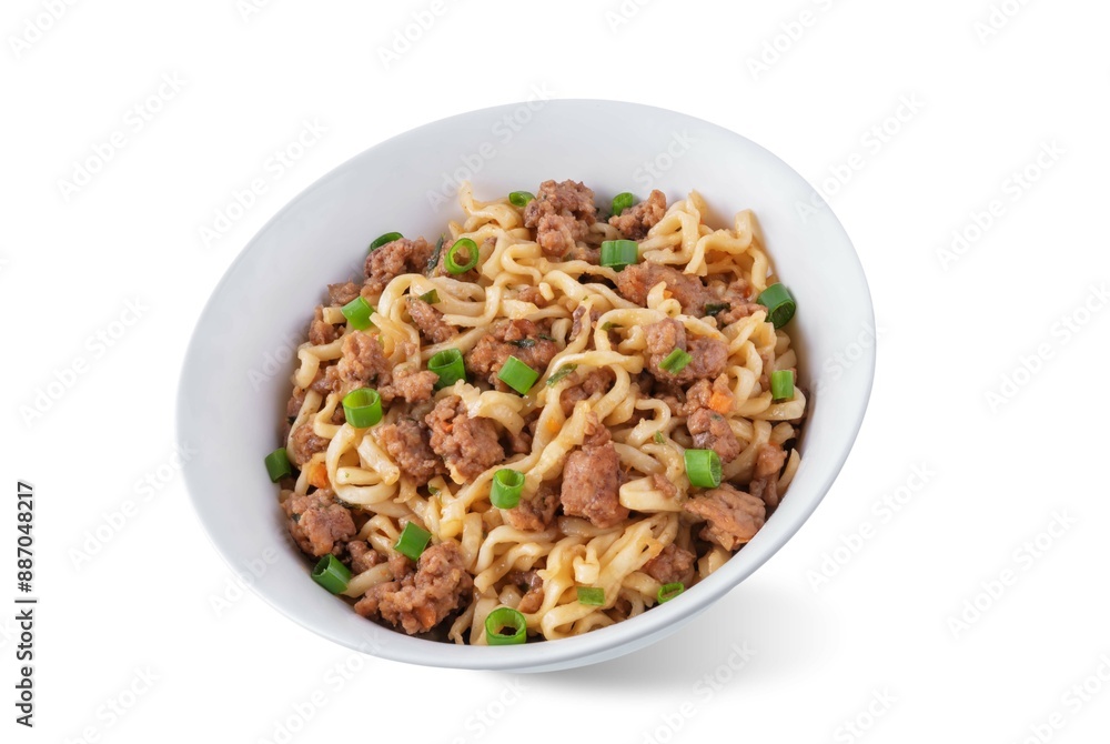 Ground meat spicy ramen noodles in a bowl on a white isolated background Ground meat spicy ramen noodles in a bowl on a white isolated background