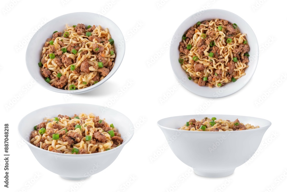 Ground meat spicy ramen noodles in a bowl on a white isolated background Ground meat spicy ramen noodles in a bowl on a white isolated background