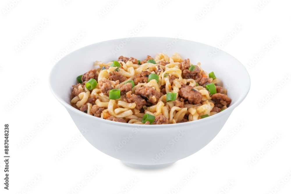 Ground meat spicy ramen noodles in a bowl on a white isolated background Ground meat spicy ramen noodles in a bowl on a white isolated background