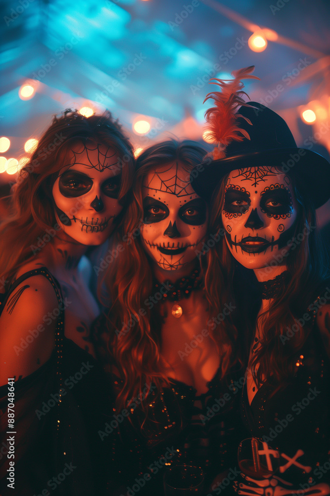 A group celebrating Halloween holding a lit jack-o’-lantern at night amidst festive lights and decorations A group celebrating Halloween holding a lit jack-o’-lantern at night amidst festive lights and decorations