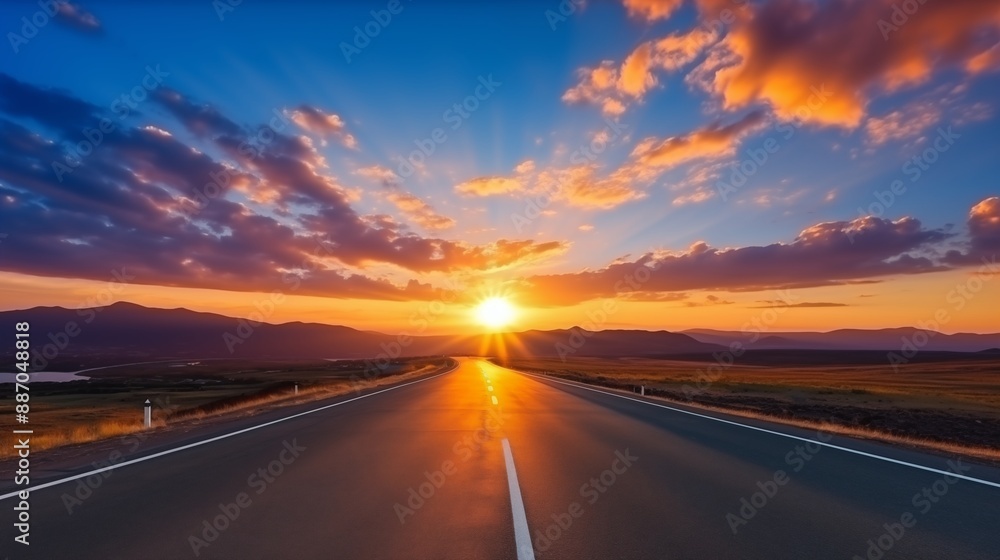 Empty asphalt road and beautiful sky at sunset, panoramic view. High quality photo Empty asphalt road and beautiful sky at sunset, panoramic view. High quality photo