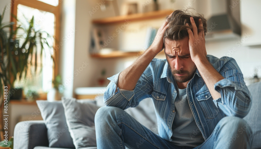 A man on a couch, appearing contemplative or tired, displaying introspection or weariness A man on a couch, appearing contemplative or tired, displaying introspection or weariness