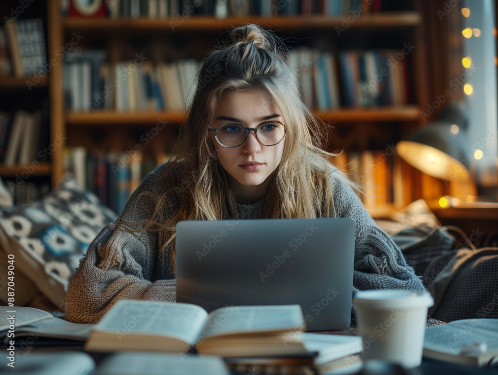 woman studying or working on a laptop surrounded by books in a cozy indoor setting with warm lighting and comfortable furnishings woman studying or working on a laptop surrounded by books in a cozy indoor setting with warm lighting and comfortable furnishings