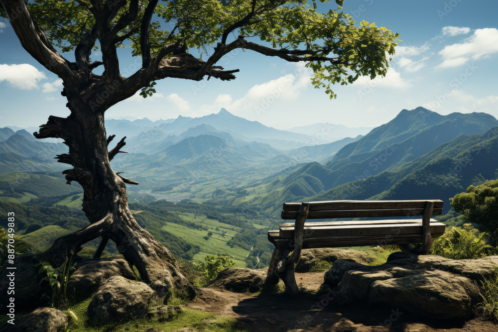 A solitary bench overlooking a picturesque valley, where the only sound is the whisper of the wind. Concept of scenic serenity and panoramic peace. Generative Ai. A solitary bench overlooking a picturesque valley, where the only sound is the whisper of the wind. Concept of scenic serenity and panoramic peace. Generative Ai.