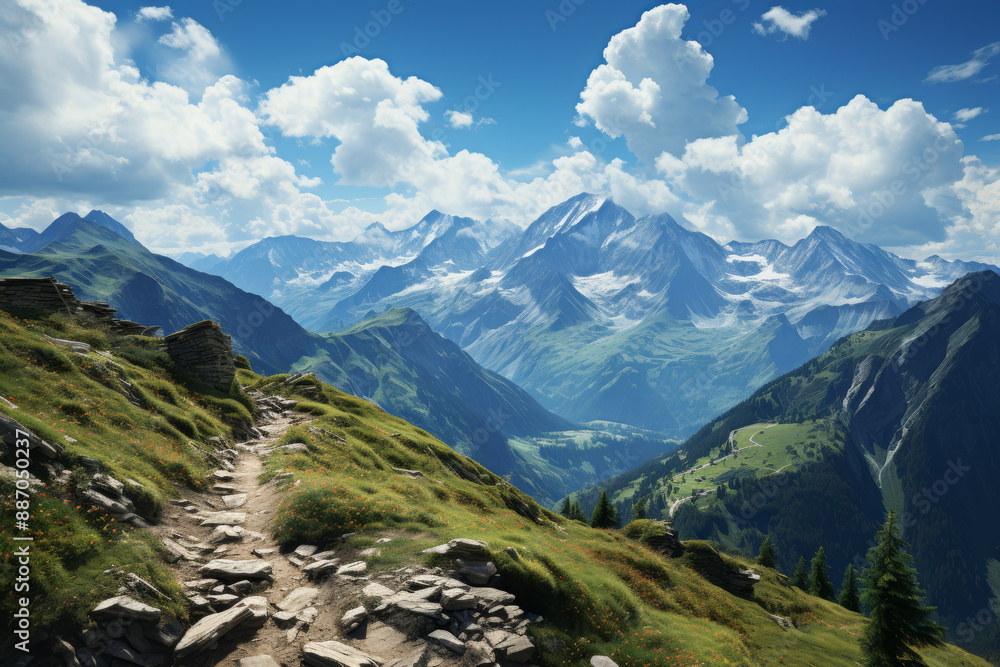 An unoccupied mountain summit with panoramic views, where the only company is the vast expanse of sky. Concept of alpine solitude and elevated perspective. Generative Ai. An unoccupied mountain summit with panoramic views, where the only company is the vast expanse of sky. Concept of alpine solitude and elevated perspective. Generative Ai.