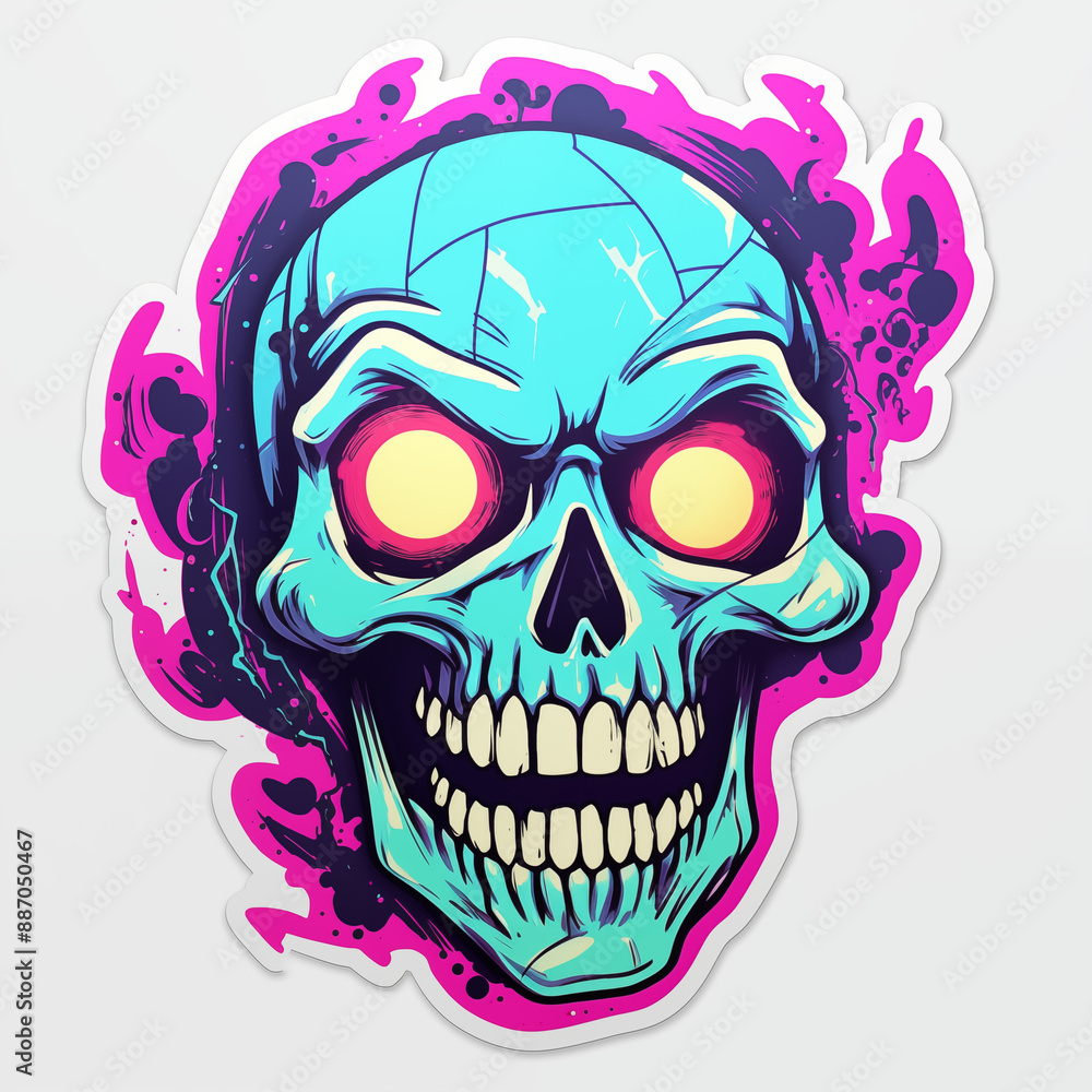 Fototapeta premium Neon Blue Skull , bright sticker on a white background
