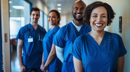 multiethnic male and female nurses are smiling and standing in a hospital hallway