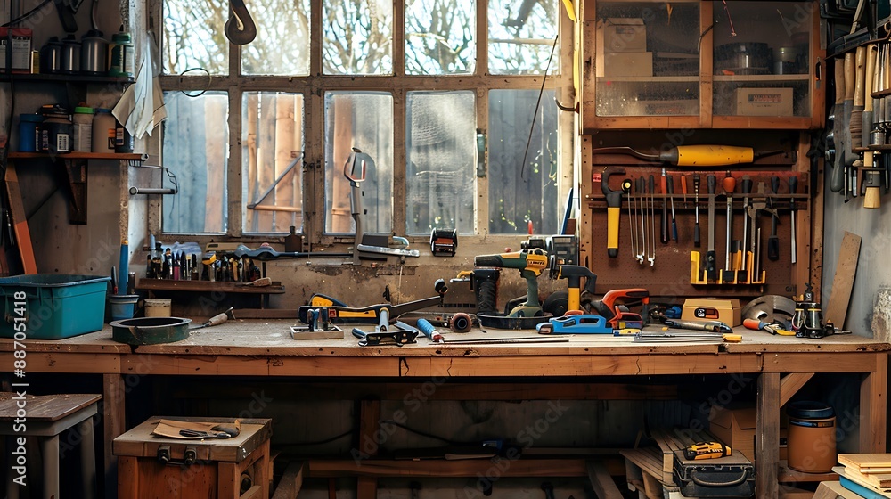 Wooden workbench at workshop lot of different tools for diy and repair works wood desk for product display copyspace Wooden workbench at workshop lot of different tools for diy and repair works wood desk for product display copyspace