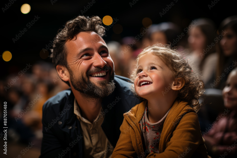 A father attending his child's school play, beaming with pride as they perform on stage. Concept of parental support and celebrating achievements. Generative Ai. A father attending his child's school play, beaming with pride as they perform on stage. Concept of parental support and celebrating achievements. Generative Ai.