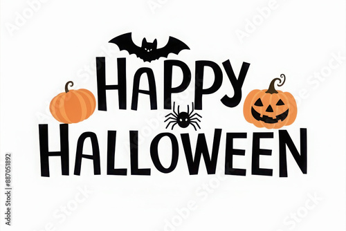 happy halloween lettering calligraphy logo with pumpkin, bat and spider web
