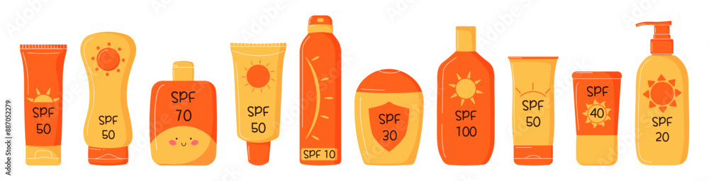 Set of sunscreen bottles with various SPF levels. Oil, balm, spray, lotion, cream in various tubes. Protection from the sun. Cute simple modern elements. Ideal for skincare product advertising. Set of sunscreen bottles with various SPF levels. Oil, balm, spray, lotion, cream in various tubes. Protection from the sun. Cute simple modern elements. Ideal for skincare product advertising.