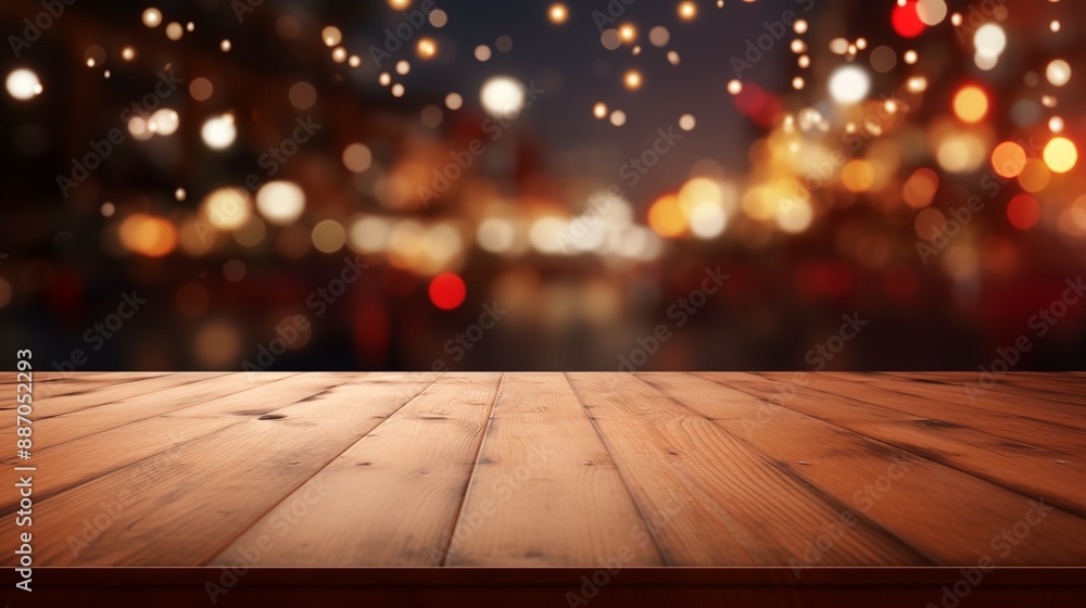 Image of wooden table in front of abstract blurred restaurant lights background. Image of wooden table in front of abstract blurred restaurant lights background.