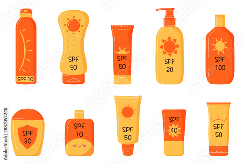 Set of sunscreen bottles with various SPF levels. Oil, balm, spray, lotion, cream in various tubes. Protection from the sun. Cute simple modern elements. Ideal  for skincare product advertising.