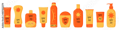 Set of sunscreen bottles with various SPF levels. Oil, balm, spray, lotion, cream in various tubes. Protection from the sun. Cute simple modern elements. Ideal  for skincare product advertising.