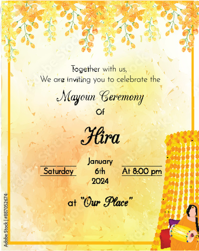 cinco de mayo card with garlands and flowers, Vector Indian yellow mehndi card style wedding invitation, cute indian girl in mehndi outfit indian bride with henna hands on mehndi function illustration