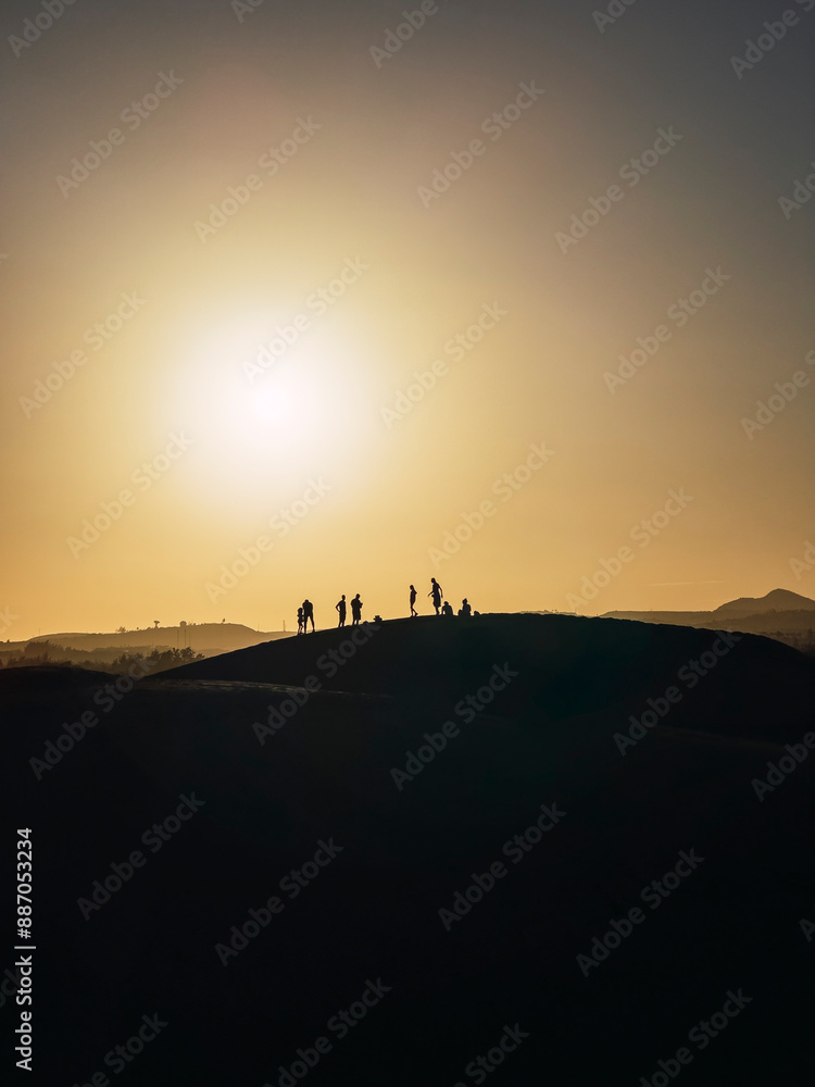 Silhouettes of people walking at sunset in summer Silhouettes of people walking at sunset in summer