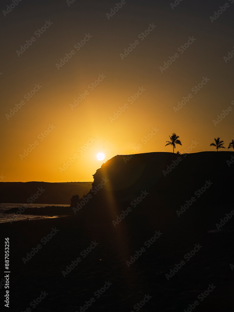 Peaceful sunset by the ocean with silhouette of palms Peaceful sunset by the ocean with silhouette of palms