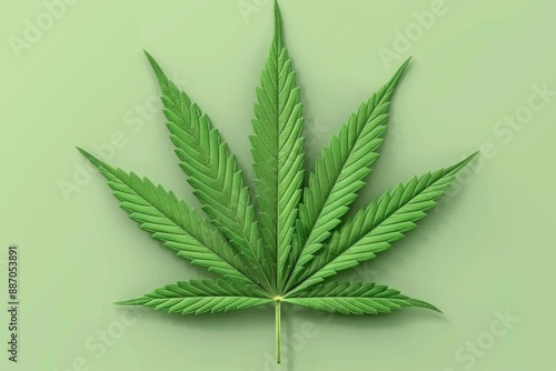 A single cannabis leaf, with a distinctive, fan-shaped pattern, sits against a plain green background