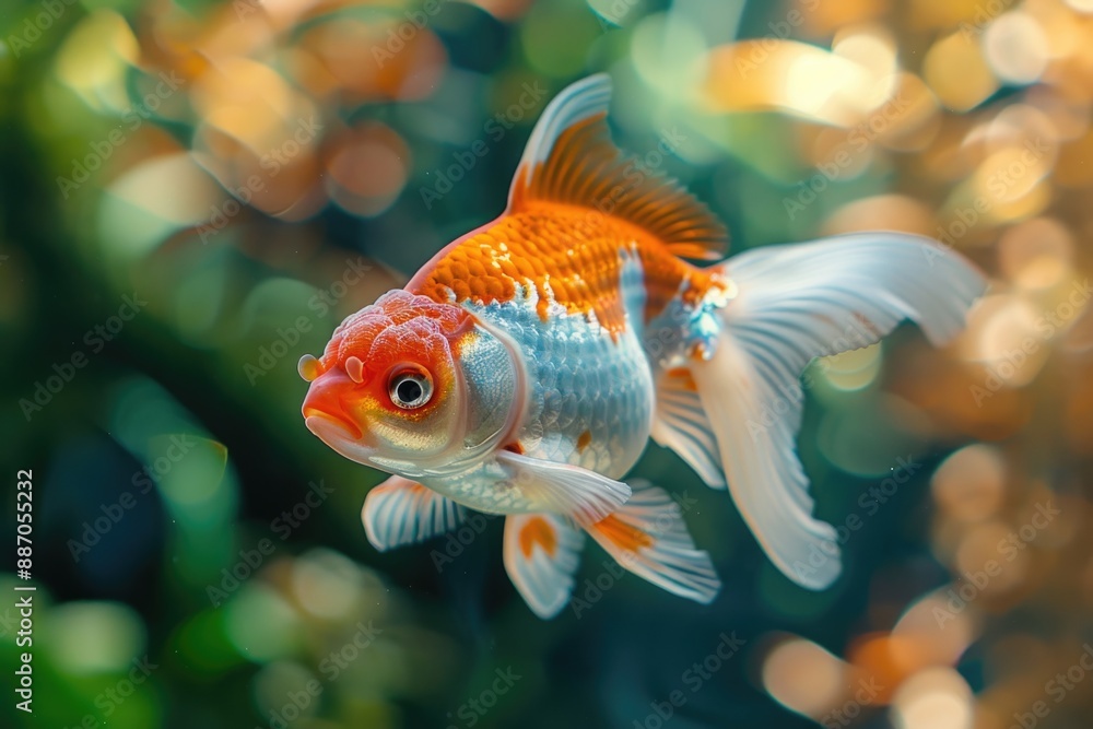 A single goldfish, vibrant orange and white, gracefully navigates a lush underwater landscape, its fins shimmering with delicate movement A single goldfish, vibrant orange and white, gracefully navigates a lush underwater landscape, its fins shimmering with delicate movement