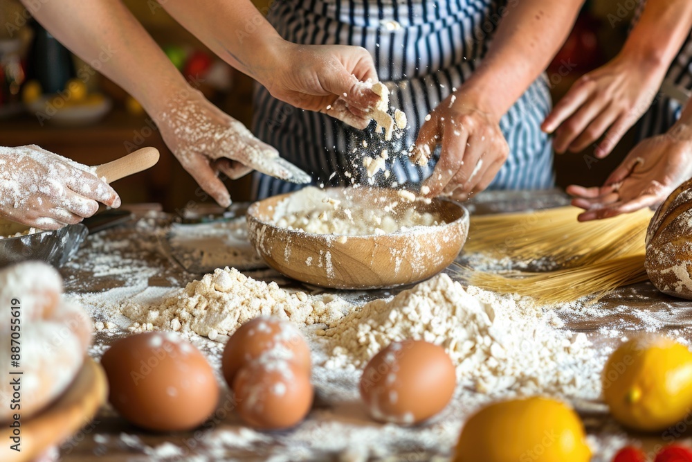 Flour flies through the air as a group of people enthusiastically prepare a meal together, surrounded by the ingredients of a delicious home-cooked meal Flour flies through the air as a group of people enthusiastically prepare a meal together, surrounded by the ingredients of a delicious home-cooked meal