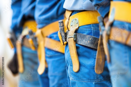 Close-up of blue work pants with yellow belts and leather tool loops